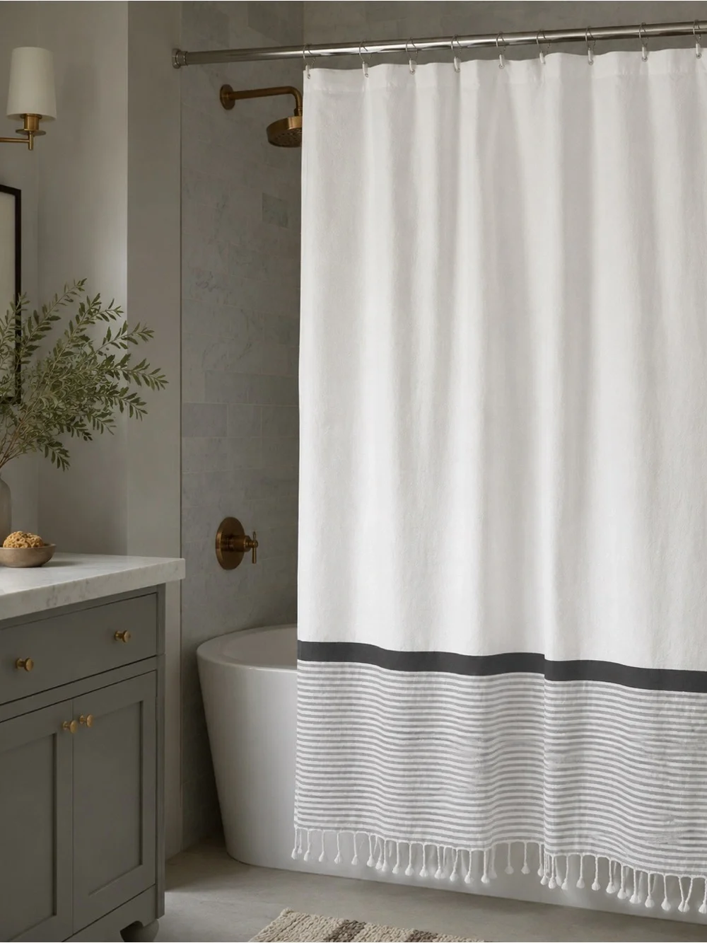 WEST ELM Shower Cotton Curtain with Stripes/Fringes #0501264